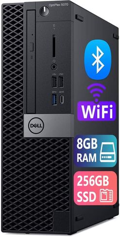 كمبيوتر سطح المكتب Dell Optiplex 5070 SFF، Core i7-9700، 8 جيجا DDR4، 256 جيجا SSD، USB WiFi، USB BT، لوحة مفاتيح وماوس، Windows 11 Pro (متجدد) in Kuwait
