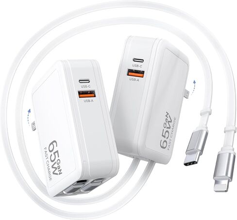 [NEW] 65W Retractable Wall Charger for iPhone, 4-in-1 Foldable Phone Charger with Dual USB Ports & 31.5in Cables, USB Type C Fast Charging Block Travel Essentials for MacBook iPhone iPad Galaxy, 1Pack in Kuwait