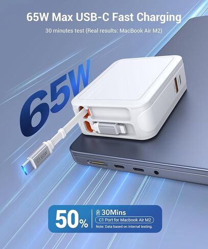[NEW] 65W Retractable Wall Charger for iPhone, 4-in-1 Foldable Phone Charger with Dual USB Ports & 31.5in Cables, USB Type C Fast Charging Block Travel Essentials for MacBook iPhone iPad Galaxy, 1Pack in Kuwait