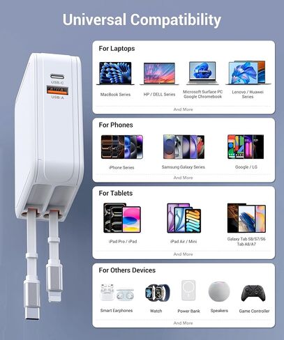 [NEW] 65W Retractable Wall Charger for iPhone, 4-in-1 Foldable Phone Charger with Dual USB Ports & 31.5in Cables, USB Type C Fast Charging Block Travel Essentials for MacBook iPhone iPad Galaxy, 1Pack in Kuwait