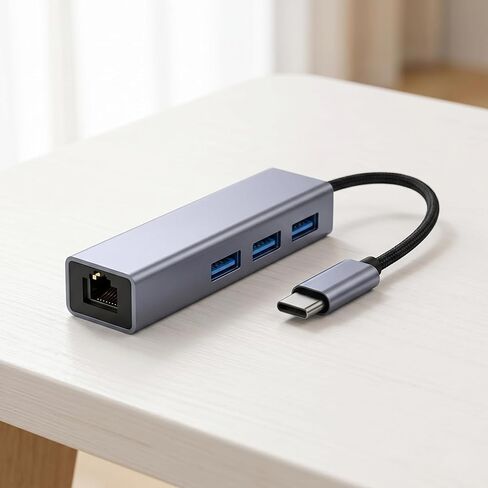 Aluminum Type C to Ethernet Adapter with 3 USB 3.0 Hub, 1000Mbps Gigabit Network LAN RJ45 Wired Internet Dongle for MacBook, Laptop, PC, for Office, Dorm, Campus Network - Gray in Kuwait
