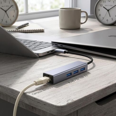 Aluminum Type C to Ethernet Adapter with 3 USB 3.0 Hub, 1000Mbps Gigabit Network LAN RJ45 Wired Internet Dongle for MacBook, Laptop, PC, for Office, Dorm, Campus Network - Gray in Kuwait