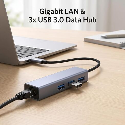 Aluminum Type C to Ethernet Adapter with 3 USB 3.0 Hub, 1000Mbps Gigabit Network LAN RJ45 Wired Internet Dongle for MacBook, Laptop, PC, for Office, Dorm, Campus Network - Gray in Kuwait