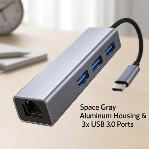 Aluminum Type C to Ethernet Adapter with 3 USB 3.0 Hub, 1000Mbps Gigabit Network LAN RJ45 Wired Internet Dongle for MacBook, Laptop, PC, for Office, Dorm, Campus Network - Gray in Kuwait