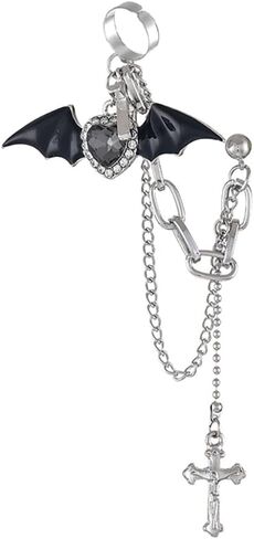 Y2K Black Daemon Wings Cross Chain Finger Rings,Gothic Punk Crystal Heart Cool Rings Statement Stackable Rings for Women Men Girls in Saudi Arabia