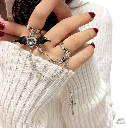 Y2K Black Daemon Wings Cross Chain Finger Rings,Gothic Punk Crystal Heart Cool Rings Statement Stackable Rings for Women Men Girls in Saudi Arabia