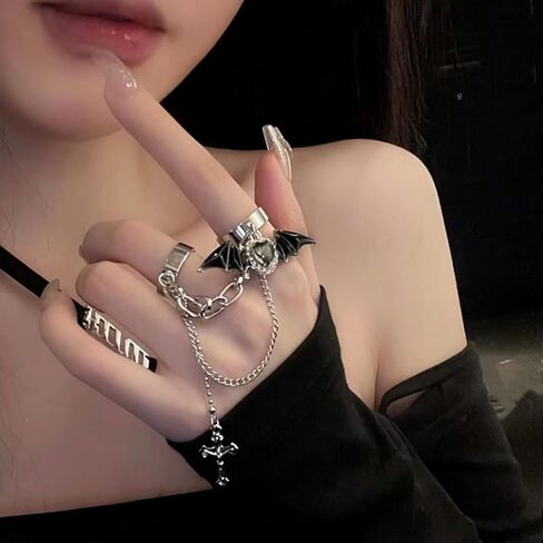 Y2K Black Daemon Wings Cross Chain Finger Rings,Gothic Punk Crystal Heart Cool Rings Statement Stackable Rings for Women Men Girls in Saudi Arabia