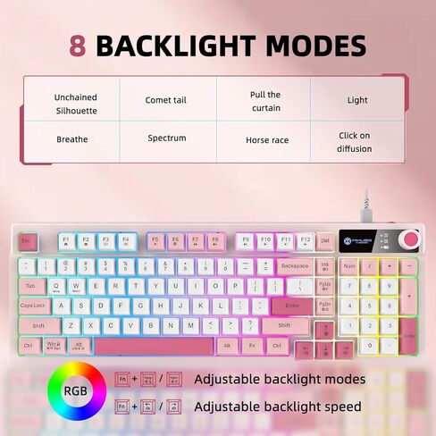 لوحة مفاتيح سلكية مكونة من 98 مفتاحًا، لوحة مفاتيح للألعاب بإضاءة خلفية RGB مع مقبض مستوى الصوت وشريط إضاءة جانبي، 8 أوضاع إضاءة و7 تغييرات في الألوان، لوحة مفاتيح USB للتوصيل والتشغيل للكمبيوتر الشخصي/Mac، كمبيوتر محمول وردي in Kuwait