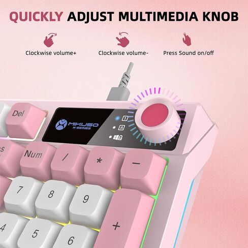 لوحة مفاتيح سلكية مكونة من 98 مفتاحًا، لوحة مفاتيح للألعاب بإضاءة خلفية RGB مع مقبض مستوى الصوت وشريط إضاءة جانبي، 8 أوضاع إضاءة و7 تغييرات في الألوان، لوحة مفاتيح USB للتوصيل والتشغيل للكمبيوتر الشخصي/Mac، كمبيوتر محمول وردي in Kuwait