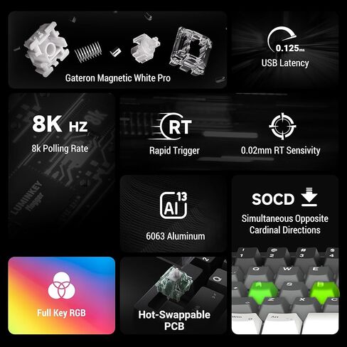 لوحة مفاتيح الألعاب LUMINKEY Magger68 Performance HE 65% - مفاتيح تأثير القاعة المغناطيسية، إضاءة RGB قابلة للتخصيص، PCB قابل للتبديل السريع، هيكل من الألومنيوم، سلك USB-C in Kuwait