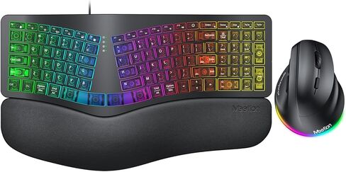 MEETION Ergonomic Keyboard with Vertical Mouse, Wired 7 Colors Transparent Backlit Keyboard, 4 Brightness Comfortable Wrist Rest Cushion, Wireless RGB Rechargeable Mouse in Kuwait