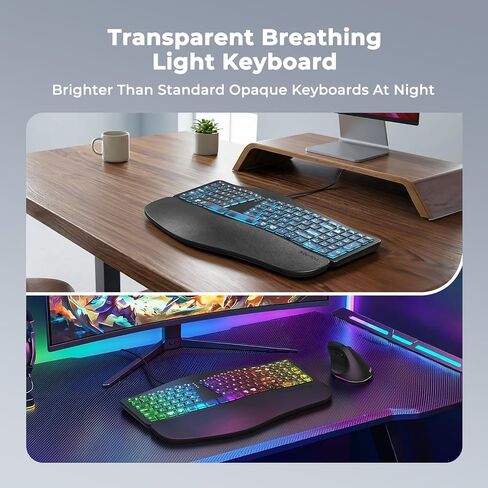 MEETION Ergonomic Keyboard with Vertical Mouse, Wired 7 Colors Transparent Backlit Keyboard, 4 Brightness Comfortable Wrist Rest Cushion, Wireless RGB Rechargeable Mouse in Kuwait