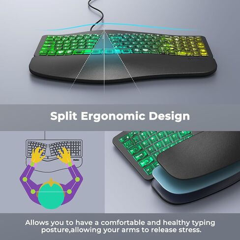 MEETION Ergonomic Keyboard with Vertical Mouse, Wired 7 Colors Transparent Backlit Keyboard, 4 Brightness Comfortable Wrist Rest Cushion, Wireless RGB Rechargeable Mouse in Kuwait