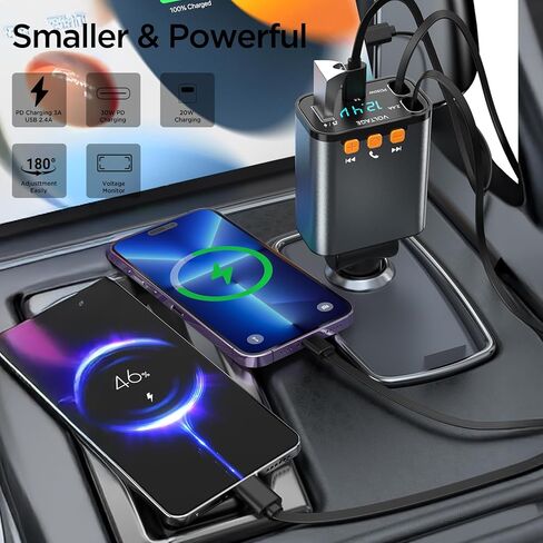 شاحن سيارة قابل للسحب، شاحن هاتف سيارة 5 في 1 PD مع جهاز إرسال FM بلوتوث 5.3، مكالمات بدون استخدام اليدين ومشغل MP3، كابلين قابلين للسحب ومحول شحن USB لهواتف السيارات، جالاكسي، بيكسل (رمادي) in Kuwait