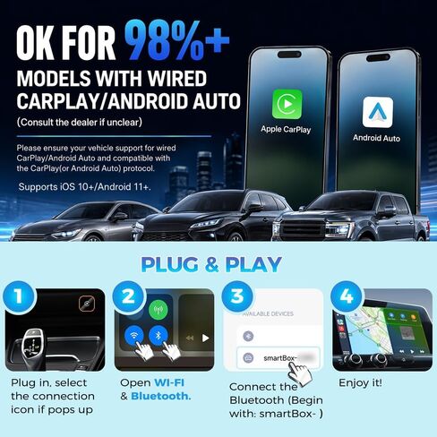 Wireless CarPlay & Android Auto Adapter, Wired to Wireless 2-in-1 CarPlay Dongle for iPhone＆Androidphone, No Audio Lag, Auto-Connect Plug & Play, USB-A/C, Fast, Stable for iOS 10+ & Android 11+ in Kuwait