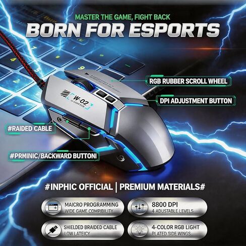 【 2026 New Mouse Macro - كابل 59 بوصة 】 ماوس ضوئي سلكي للألعاب RGB عالي الأداء - مستشعر بصري 8800 نقطة في البوصة - اتصال USB سهل - 6 مفاتيح اختصار قابلة للبرمجة - بكرة مضادة للانزلاق - التوصيل والتشغيل in Kuwait