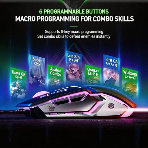 【 2026 New Mouse Macro - كابل 59 بوصة 】 ماوس ضوئي سلكي للألعاب RGB عالي الأداء - مستشعر بصري 8800 نقطة في البوصة - اتصال USB سهل - 6 مفاتيح اختصار قابلة للبرمجة - بكرة مضادة للانزلاق - التوصيل والتشغيل in Kuwait