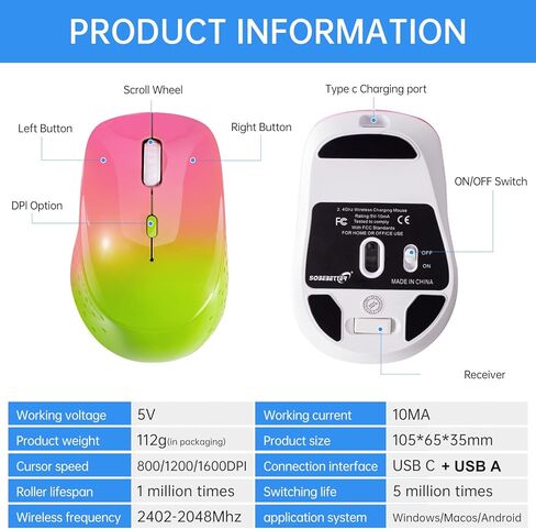 ماوس لاسلكي من النوع C، وضع مزدوج 2.4G/USB-C 2 في 1، جهاز استقبال صامت قابل لإعادة الشحن، ماوس لاسلكي مريح لليد اليمنى 3 مستويات DPI 4 أزرار للكمبيوتر المكتبي والكمبيوتر المحمول Mac iPad Phone Surface MacBook in Kuwait