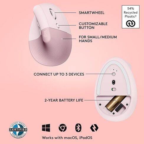 Logitech Lift Vertical Ergonomic Mouse, Wireless, Bluetooth or Logi Bolt USB Receiver, Quiet clicks, 4 Buttons, Compatible with Windows/macOS/iPadOS, Laptop, PC - Rose (Renewed) in Kuwait