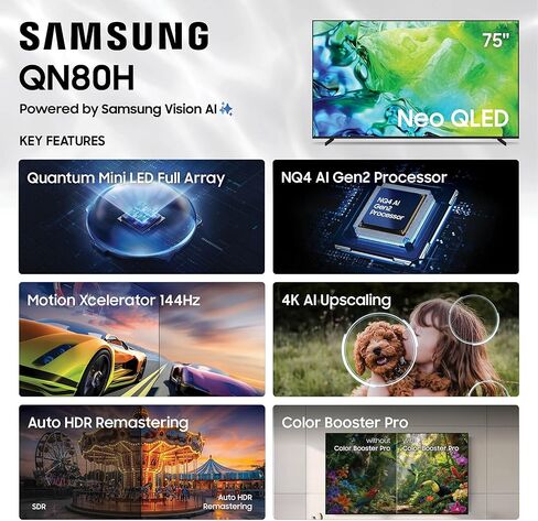 تلفزيون سامسونج الذكي فئة Neo QLED QN80H مقاس 75 بوصة من سامسونج Vision AI الذكي (موديل 2026، 75QN80H) مجموعة كاملة LED Quantum Mini، مسرع الحركة 144 هرتز، ترقية 4K AI، Alexa مدمج in Kuwait