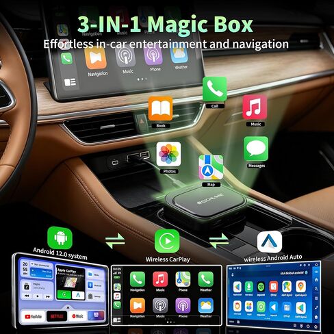 محول CarPlay & Android Auto اللاسلكي، محول سلكي إلى لاسلكي لأجهزة iPhone وAndroid، 5G WiFi/BT 5.0، التوصيل والتشغيل، التنقل في الوقت الحقيقي، للسيارات المزودة بـ CarPlay السلكي in Kuwait