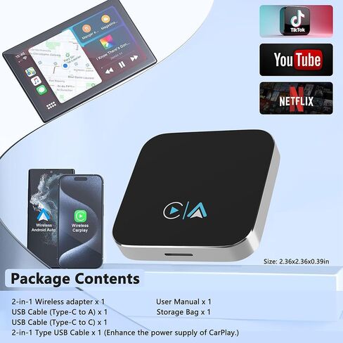 2-in-1 Carplay Wireless Adapter, Wireless Apple & Android Auto Adapter, 2026 Magic Video AI Box Streaming Dongle Support Netflix/YouTube/TF Card, Only Fits for OEM Wired CarPlay Cars in Kuwait