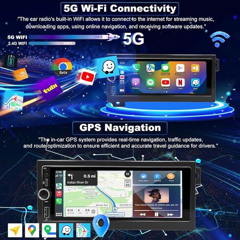 راديو سيارة 5GWiFi لسيارة جيب رانجلر شيروكي 1997-2002، دودج رام 1500/2500/3500 1994-2001، كرايسلر سيروس دودج جراند كارافان أفينجر 1995-2000، شاشة لمس 6.86 بوصة ستيريو تطبيق Carplay Android Auto GPS in Kuwait