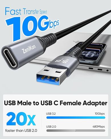 كابل محول USB C أنثى إلى USB ذكر بطول 4 أقدام، محول USB 3.2 ذكر إلى USB C عالي السرعة 10 جيجابت في الثانية، شحن 60 وات متوافق مع الكمبيوتر المحمول، سطح المكتب، محرك فلاش، iPhone 15/16/17، Galaxy، الشاحن in Kuwait