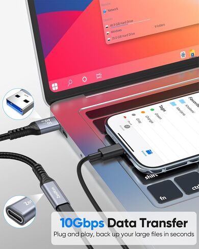 كابل محول USB C أنثى إلى USB ذكر بطول 4 أقدام، محول USB 3.2 ذكر إلى USB C عالي السرعة 10 جيجابت في الثانية، شحن 60 وات متوافق مع الكمبيوتر المحمول، سطح المكتب، محرك فلاش، iPhone 15/16/17، Galaxy، الشاحن in Kuwait