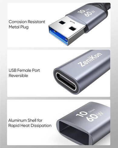 كابل محول USB C أنثى إلى USB ذكر بطول 4 أقدام، محول USB 3.2 ذكر إلى USB C عالي السرعة 10 جيجابت في الثانية، شحن 60 وات متوافق مع الكمبيوتر المحمول، سطح المكتب، محرك فلاش، iPhone 15/16/17، Galaxy، الشاحن in Kuwait
