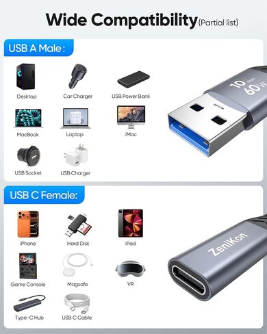 كابل محول USB C أنثى إلى USB ذكر بطول 4 أقدام، محول USB 3.2 ذكر إلى USB C عالي السرعة 10 جيجابت في الثانية، شحن 60 وات متوافق مع الكمبيوتر المحمول، سطح المكتب، محرك فلاش، iPhone 15/16/17، Galaxy، الشاحن in Kuwait