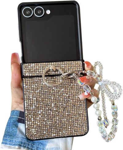 for Samsung Galaxy Z Flip 7 Cute Woman Strap Case with Ring Stand, Girls Sparkle Case for Galaxy Z Flip 7 Hinge Protection, Glitter Charm Cover for Samsung, Black in Kuwait