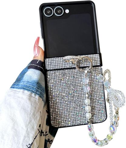 for Samsung Galaxy Z Flip 7 Cute Woman Strap Case with Ring Stand, Girls Sparkle Case for Galaxy Z Flip 7 Hinge Protection, Glitter Charm Cover for Samsung, Black in Kuwait