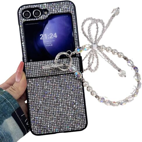 for Samsung Galaxy Z Flip 7 Cute Woman Strap Case with Ring Stand, Girls Sparkle Case for Galaxy Z Flip 7 Hinge Protection, Glitter Charm Cover for Samsung, Black in Kuwait