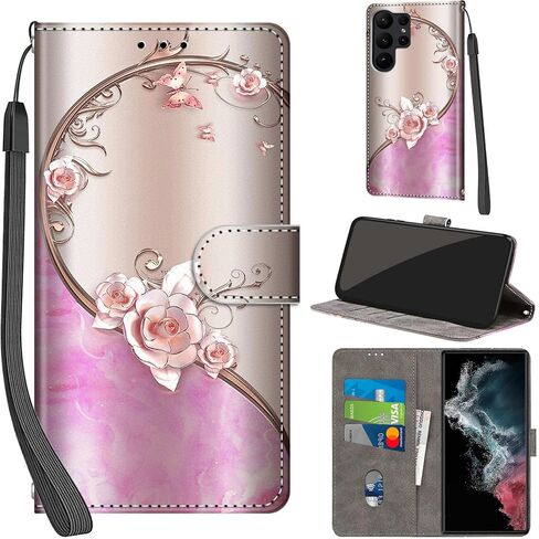 Case Wallet for Samsung Galaxy S23 Ultra, with [3 Card Slots], Kickstand Magnetic Closure PU Leather Shockproof Protective Flip Cover 6.8" 2023, Peach Blossom in Saudi Arabia