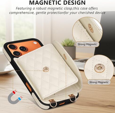 Crossbody Wallet Case for iPhone 17 Pro Max 6.9'' 2025, 6-Card Holder with RFID Blocking & Magnetic Closure, PU Leather Flip Cover with Kickstand, Wrist Strap Purse for Women, Beige in Saudi Arabia