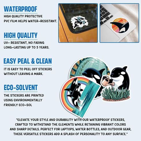 60Pcs Orca Whale Sticker Pack – Save the Ocean Killer Whale Vinyl Stickers for Water Bottles, Laptops, Scrapbooks, and Cars, Cute Marine Animal Stickers for Ocean Lovers, Kids & Adults in Kuwait