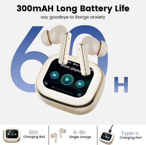 Wireless Earbuds with Touch Screen, Bluetooth 5.4 Headphones, ANC Noise Cancelling, 60H HiFi Stereo Bluetooth Ear Buds with 5 EQ Modes, IPX7 Earphones for Sports/Workout/Gym (Beige) in Kuwait