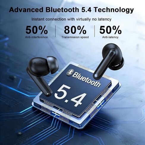 Wireless Earbuds, Bluetooth 5.4 Headphones HiFi Stereo, 60H Playback Ear Buds with LED Power Display, IPX7 Waterproof, Wireless Headphones with Noise Cancelling Mic for iPhone/Android/iPad, Black in Kuwait