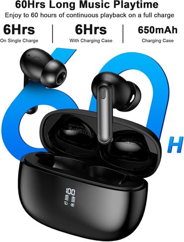 Wireless Earbuds, Bluetooth 5.4 Headphones HiFi Stereo, 60H Playback Ear Buds with LED Power Display, IPX7 Waterproof, Wireless Headphones with Noise Cancelling Mic for iPhone/Android/iPad, Black in Kuwait