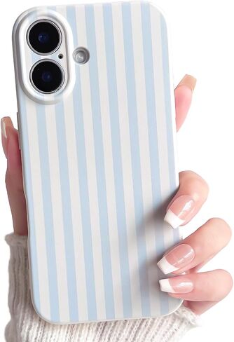 جراب Lovmooful متوافق مع هاتف iPhone 17، لون لطيف مخطط مع تصميم جمالي للفتيات والنساء، ناعم من مادة TPU مقاوم للصدمات وأكثر حماية للفتيات لهاتف iPhone 17 - أزرق in Kuwait