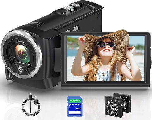 2.7K Video Camera Camcorder QHD 56MP YouTube Vlogging Camera Webcam 16X Digital Zoom with 32G SD Card 270 Degree Rotation Screen Camcorders and 2 Batteries Recording While Charging in Kuwait