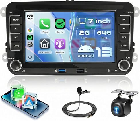 2G+64G لسيارة VW Passat Jetta Tiguan Golf MK5 MK6 T5 Polo Car Radio Stereo Android 13 مع Carplay اللاسلكي//Android Auto، شاشة لمس 7 بوصة اثنان USB، GPS، FM/RDS، SWC، كاميرا احتياطية بلوتوث عالية الدقة in Kuwait