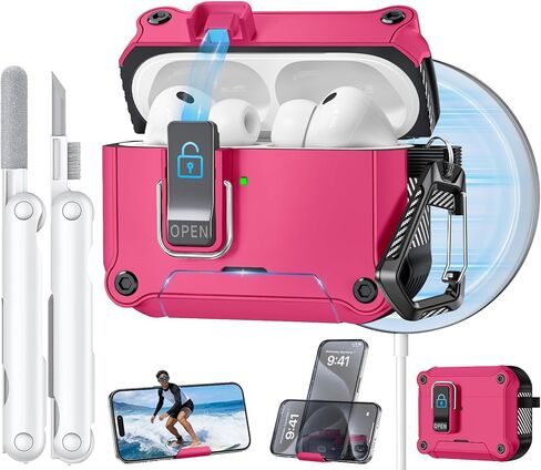 حافظة AirPods Pro 3 2025، متوافقة مع MagSafe - مصممة بقفل أمان، وغطاء مغناطيسي قابل للفتح وحامل هاتف، وتتضمن منظفًا وسلسلة مفاتيح - هيكل صلب متين in Kuwait