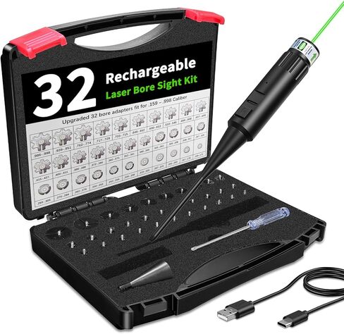 USB Rechargeable Bore Sight Laser, Green Laser Bore Sighter with 32 Adapters fit 0.17 to 12GA Calibers for All Gun, Multiple Caliber Bore Laser Sighting in Kuwait