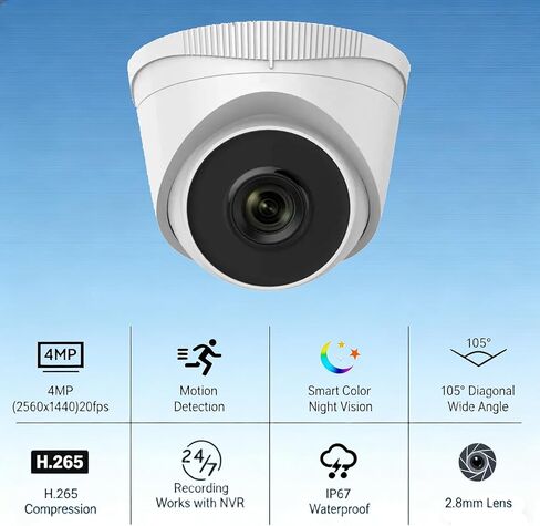 كاميرا Real HD 4MP Turret POE IP خارجية متوافقة مع Ⲏ kconnect/ iVMS4200/ رؤية الحراسة، رؤية ليلية ذكية بالأشعة تحت الحمراء، مقاومة للطقس الخارجي in Kuwait