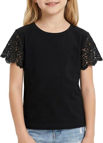 NOOMELFISH Girls Lace Short Sleeve Thirts Kids Summer Tops Tops Plouse (5-12 years) in Saudi Arabia
