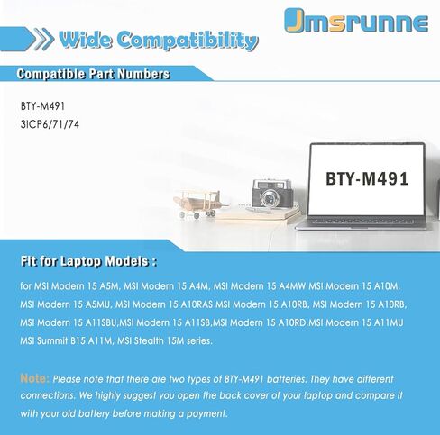 BTY-M491 52.4Wh Laptop Battery Replacement for MSI Modern 15 A10M A10M-028DE A10RB A10RAS A10RD A11M A11SB A4M A4MW Summit B15 A11M Stealth 15M 11.4V (White Connector 8 Wires) in Kuwait