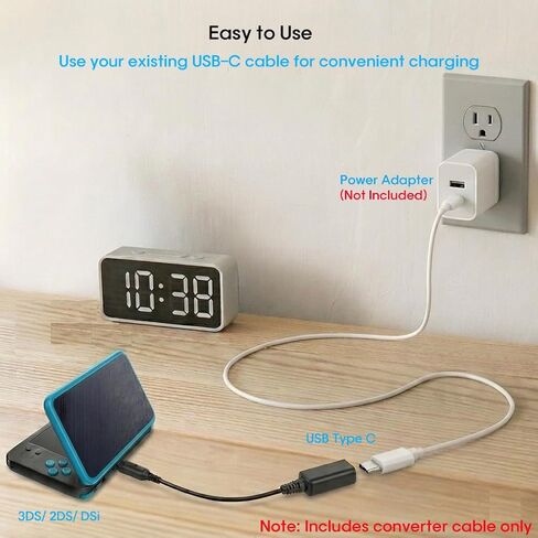USB-C to 3DS/ 2DS/ DSi Charging Adapter, USB Charger Adapter Cord for New 3DS XL/ 3DS XL/ 3DS/ 2DS XL/ 2DS XL/ 2DS/ DSi/DSi XL, Support USB-A to Type C/USB-C to C Cable in Kuwait