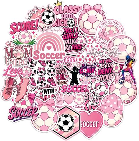 IGNIXIA Soccer Stickers, 50 PCS Waterproof Stickers for Water Bottles, Scrapbooking, Team Gifts for Kids Teens, Girls, Pink Theme in Kuwait